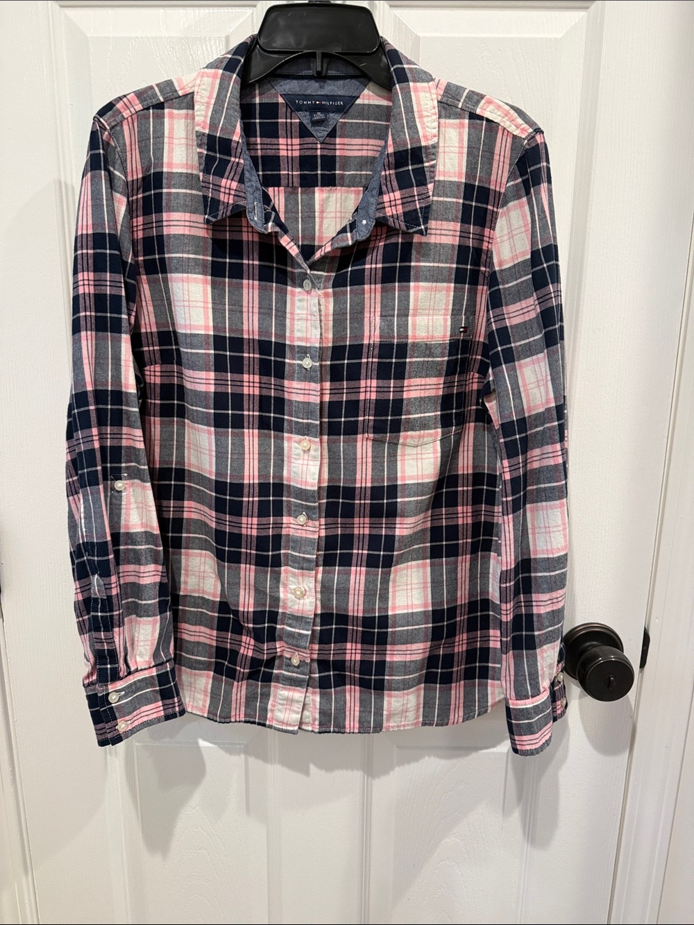Tommy Hilfiger Pink and Navy Plaid Casual Button-Down Shirt
